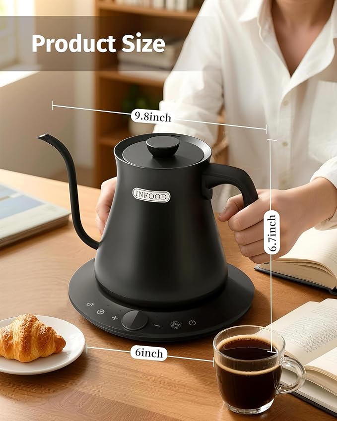 0.8L Gooseneck Electric Kettle, Precise Temperature Control for Pour Over Coffee & Tea, 1200W Fast Boiling Water, Auto Shut Off, Scheduling, Stainless Steel, Black