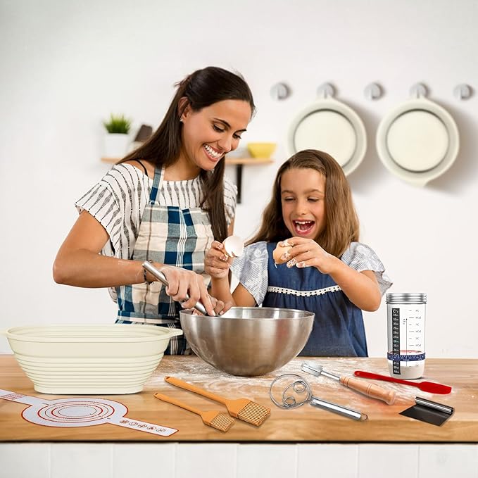 Sourdough Starter Kit, 26PCS Sourdough Bread Baking Supplies, Including a Sourdough Starter Jar (34OZ), Silicone Banneton Bread Proofing Basket Set of 2 (Silver cover, Large glass mouth)