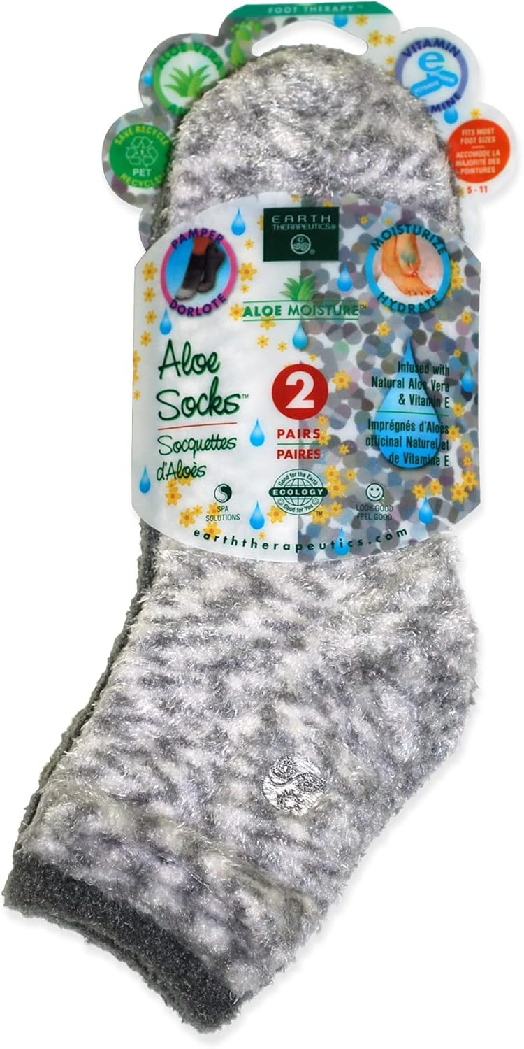 Earth Therapeutics Aloe Socks – Infused w/Aloe Vera & Vitamin E – Helps Dry Feet, Cracked Heels, Calluses – Use with Lotion – Grey/Confetti (2 Pairs)-BrightBean Baby