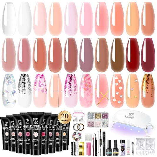 Poly Nail Gel Kit -20 Colors + 76 Nail Art Accessories ROSALIND Nude Clear Poly Nails Gel Kit Starter Kit with Slip Solution Nude Pink Nails Extensions with Mini UV Lamp-BrightBean Baby