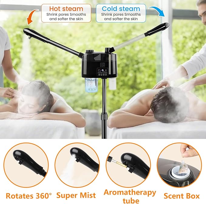 Professional Facial Steamer with Ozone and Hot & Cold Mist, Esthetician Steamer on Wheels, Face Humidifier for Facial Deep Cleaning, Digital Facial Steamer for Home and Salon, Black-BrightBean Baby