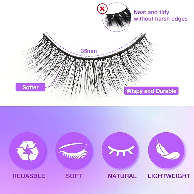 Wispy False Eyelashes Kit With Bond, Seal and Tweezer, 7 Pairs Natural Look Fake Cat Eye Lashes Strips Thin Band Extensions Waterproof Easy Eyelashes for Beginners RQ46-BrightBean Baby