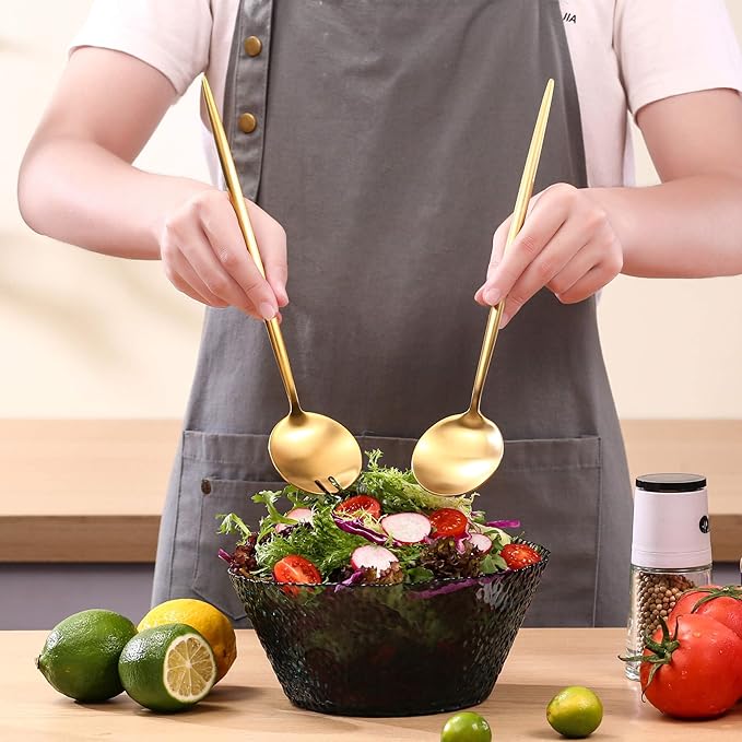 Lemeya Gold Salad Serving Utensils,Serving Spoons Stainless Steel,2Pcs Long Handle Salad Servers 11.42 Inch,Salad Utensils for Serving,Matte Finish,Dishwasher Safe