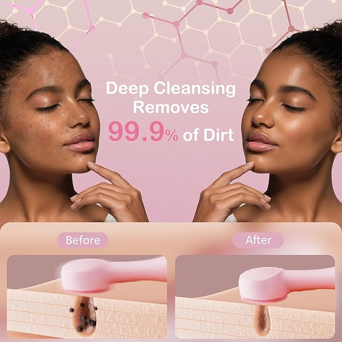 Facial Cleansing Brush Silicone Face Scrubber Waterproof Rechargeable Exfoliator Massage Device for Men & Women, Deep Pore Cleansing, Exfoliating, Removing Blackhead Electric Face Scrub Brush (Pink)-BrightBean Baby