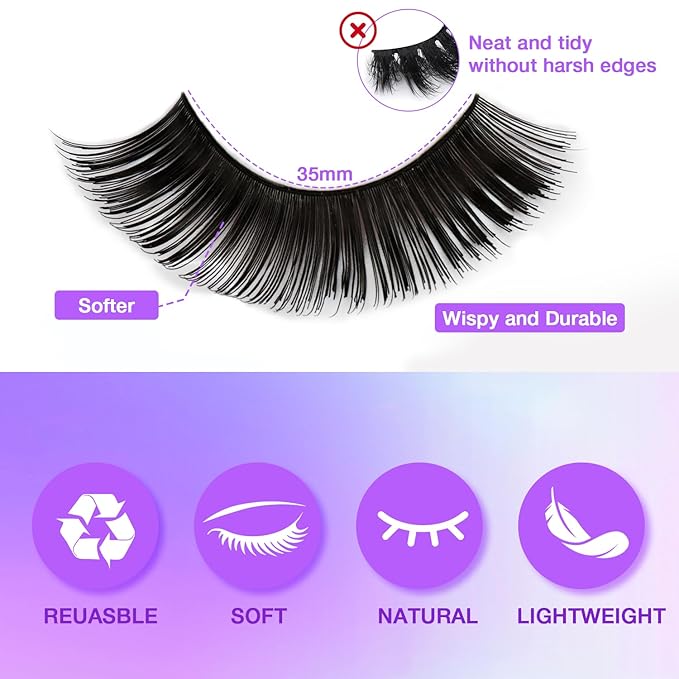 Wispy False Eyelashes Kit With Bond, Seal and Tweezer, 7 Pairs Natural Look Fake Cat Eye Lashes Strips Thin Band Extensions Waterproof Easy Eyelashes for Beginners RQ7Variety Mix-BrightBean Baby