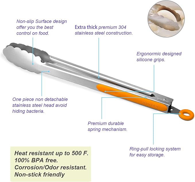 304 Stainless Steel Kitchen Cooking Tongs, 9" and 12" Set of 4 Sturdy Grilling Barbeque Brushed Locking Food Tongs with Ergonomic Grip, Orange