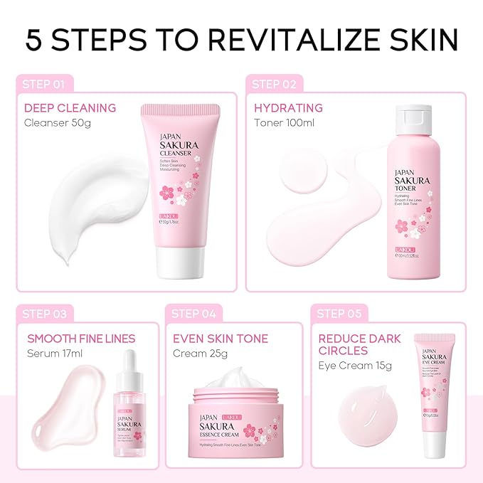 Skin Care Set JAPAN SAKURA Women Beauty Gift Sets Skin Care Kit with Cleanser, Toner, Serum, Eye Cream, Face Cream Travel Kit for Women Teen Girls Mom Daughter Birthday TSA-friendly Sizes 5pcs-BrightBean Baby
