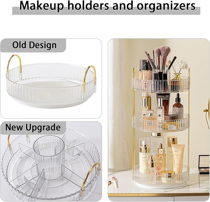 Rotating Makeup Organizer for Vanity, High-Capacity Skincare Clear Make Up Storage Perfume Organizers Cosmetic Dresser Organizer Countertop 360 Spinning (Clear, New-3 Tier)-BrightBean Baby