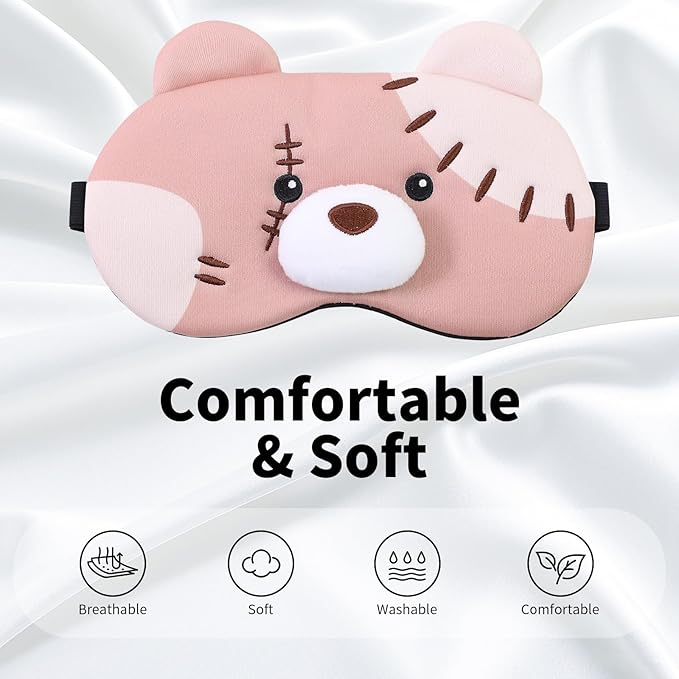 PERFECTSIGHT Sleep Eye Masks, Cute Plush Sleep Eye Cover Lightweight Adjustable Eyeshade Faux Fur Mask Cover for Women Men Kids Sleep Travel Nap, Big Eye Girl, Purple Nose, Brown Pudding Bear-BrightBean Baby