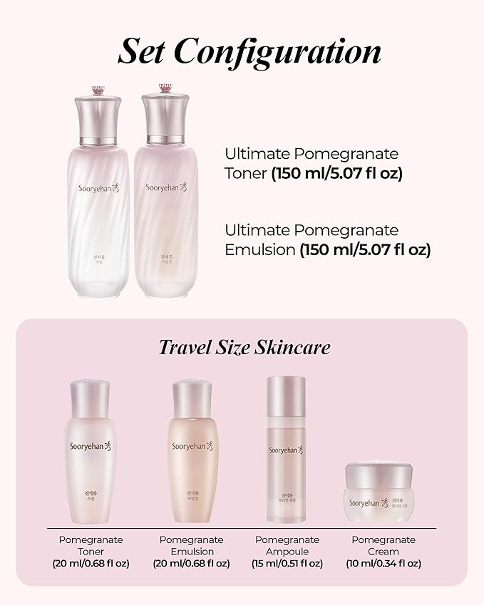 Sooryehan Ultimate Pomegranate (Skincare Set, 12.3fl oz) - Improved Skin Elasticity, Reduced Pores/Wrinkles & Gentle Exfoliation, Vitamin C, Adenosine & Niacinamide-BrightBean Baby