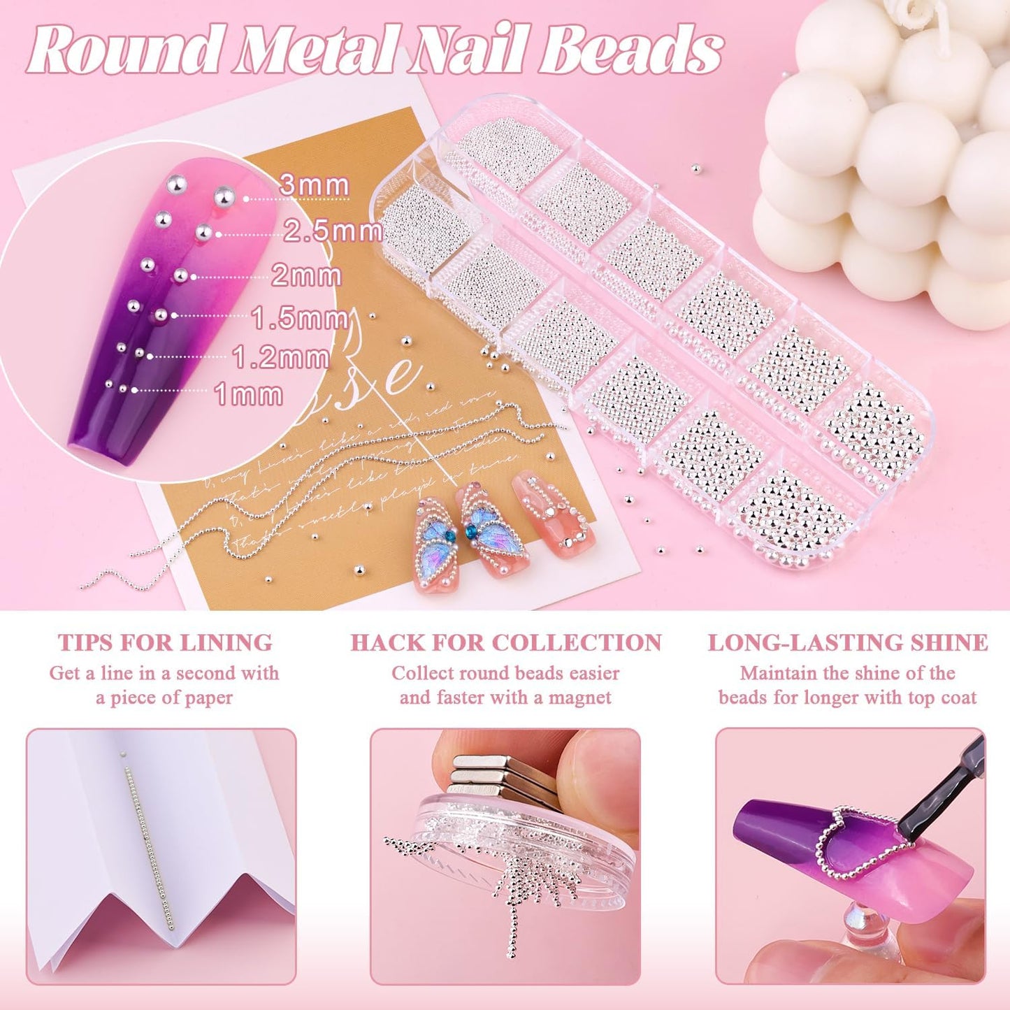 1-3MM Mini Small Nail Beads Metal Caviar Bead Silver Nail Charms and Gems Ball, Nail Chain for Nail Art Accessories Supplies Silver Rhinestones for Women Manicure-BrightBean Baby