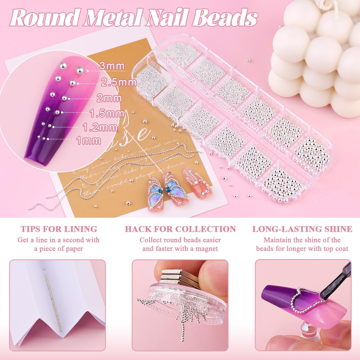 1-3MM Mini Small Nail Beads Metal Caviar Bead Silver Nail Charms and Gems Ball, Nail Chain for Nail Art Accessories Supplies Silver Rhinestones for Women Manicure-BrightBean Baby