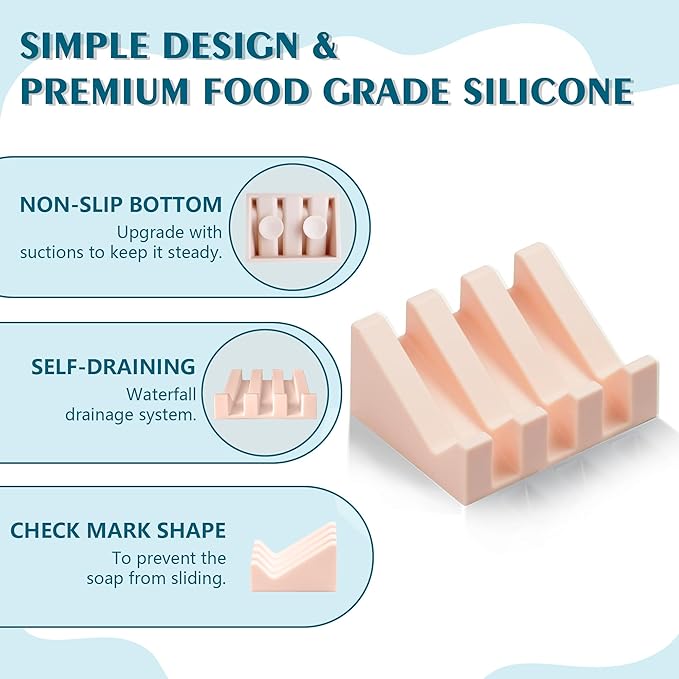 Self Draining Soap Dish,Silicone Suction Cup Soap Holder, Bathroom Soap Dish for Bar Soap,Can Extend Soap Life,Bathroom, Bath Tub, Kitchen Sink(2, Pink)