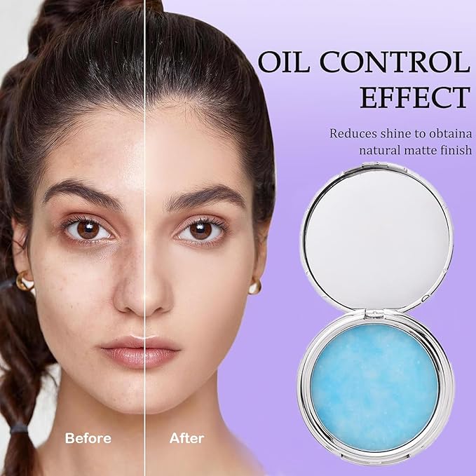 Blue Matte Powder Oil Control Face Pressed Powder Jelly Pressed Powder Face Makeup Setting Powder, Chillab Polvo Compacto with Mini Powder Puff, for Silky Blurring Oil Control Long-Lasting Makeup-BrightBean Baby