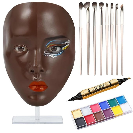 5D Makeup Practice Face Board, Makeup Practice Accessories Set with Face Painting Mannequin Head, Makeup Brushes, Face Painting and 2-in-1 Dual-Ended Eyebrow Pen, Makeup Practice Gift, Dark Brown-BrightBean Baby