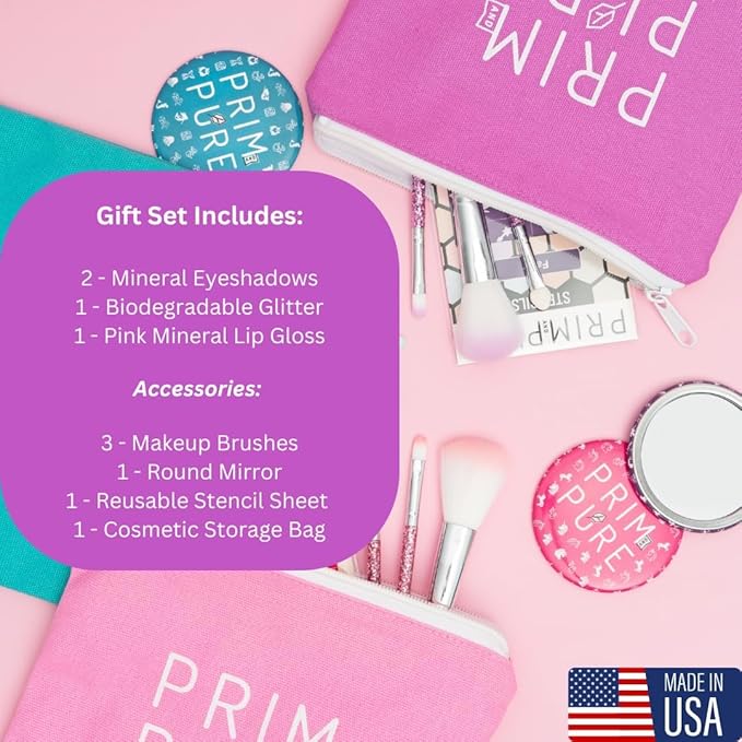 Prim and Pure Kids Makeup Gift Set - Stencil, Makeup Eyeshadow Bioglitter Lip Gloss and Cosmetic Bag Mirror Makeup Brush Accessories (Fairy Purple)-BrightBean Baby