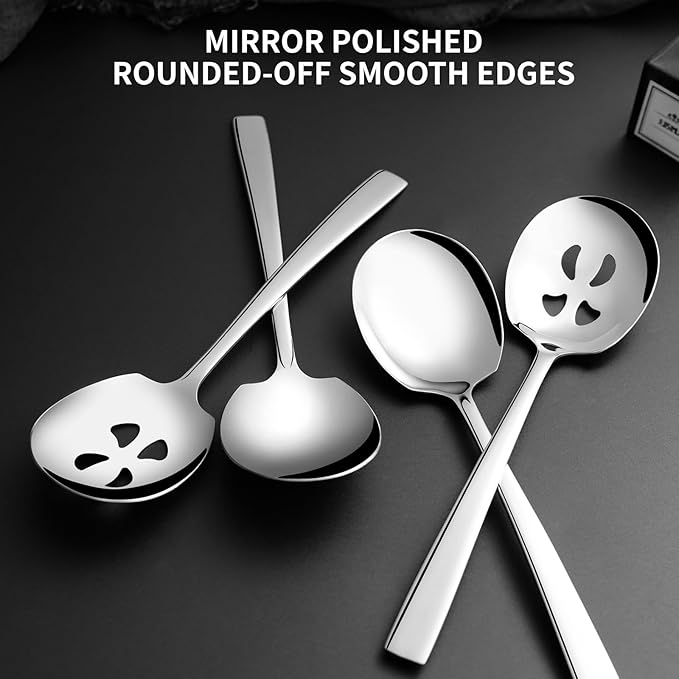 4 Piece Stainless Steel Serving Spoons Set - 2 Large, 2 Slotted, 9.2-Inch, Dishwasher Safe, for Parties/Kitchen/Buffet/Catering