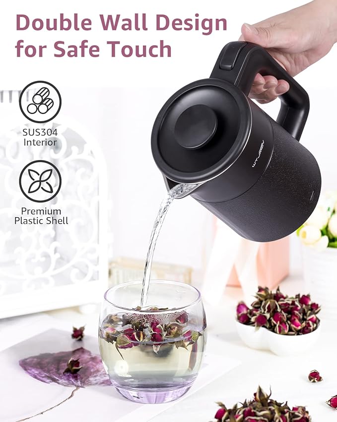 0.6L Small Electric Tea Kettle Lightweight, 20 Ounce Double Wall Hot Water Boiler Stainless Steel Auto Shut-off, 120V Portable Travel Electric Kettle Fast Boil for Tea and Coffee, Black