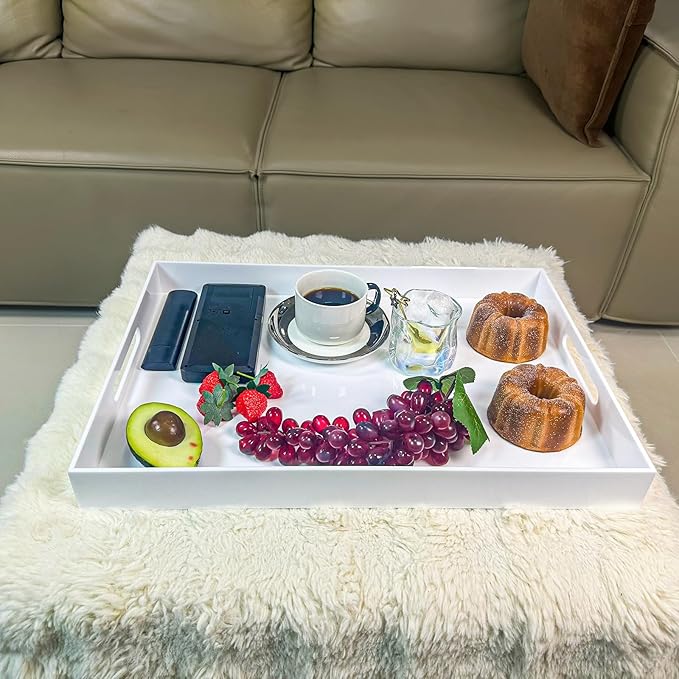 White Rectangular 14x20 Inches Acrylic Ottoman Tray Decorative Serving Tray with Cutout Handles Organizer Tray on Coffee Table Countertop Big Breakfast Bed Tray Living Room Appetizer Serving Food