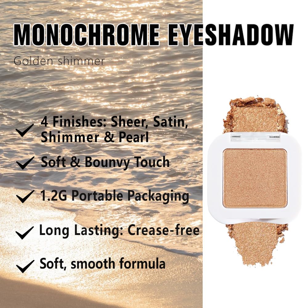 Glitter Single Eye Shadow Palette Makeup, Golden Sparkle Shimmer Monochrome Eyeshadow For Old Women, Mini Pressed Pigmented Waterproof Sombras Para Ojos,Vegan, Talc, Paraben&Cruelty Free, 06-BrightBean Baby