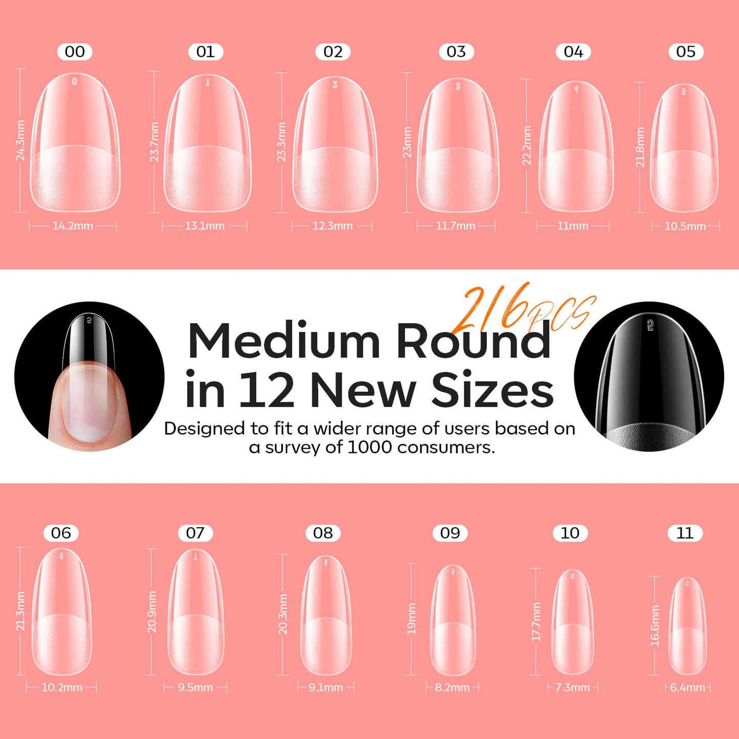 modelones Medium Oval Gel Nail Tips Kit, 9-in-One Nail Glue with Portable U V Lamp 216Pcs 12Sizes Pre-Etched Round Press ons Fake Acrylic Extension Kit DIY Salon Gift for Women-BrightBean Baby
