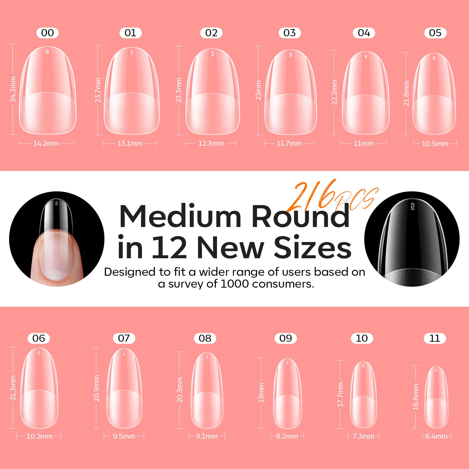modelones Medium Oval Gel Nail Tips Kit, 9-in-One Nail Glue with Portable U V Lamp 216Pcs 12Sizes Pre-Etched Round Press ons Fake Acrylic Extension Kit DIY Salon Gift for Women-BrightBean Baby