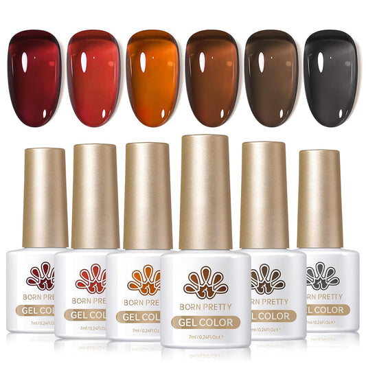 Born Pretty Jelly Gel Nail Polish Fall Winter Amber Crystal Brown Orange Burgundy Red Black Gel Polish Transparent Translucent Clear Nail Art Manicure DIY Home Salon 6PCS-BrightBean Baby