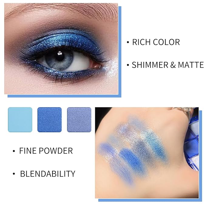 Erinde 9 Colors Dark Light Royal Cobalt Blue Pearl White Glitter Shimmer Eye Shadow Makeup Palette Highly Pigmented Waterproof Matte Glitter Shimmer Daily Party Sparkling Eyeshadow Palett for Girl-BrightBean Baby