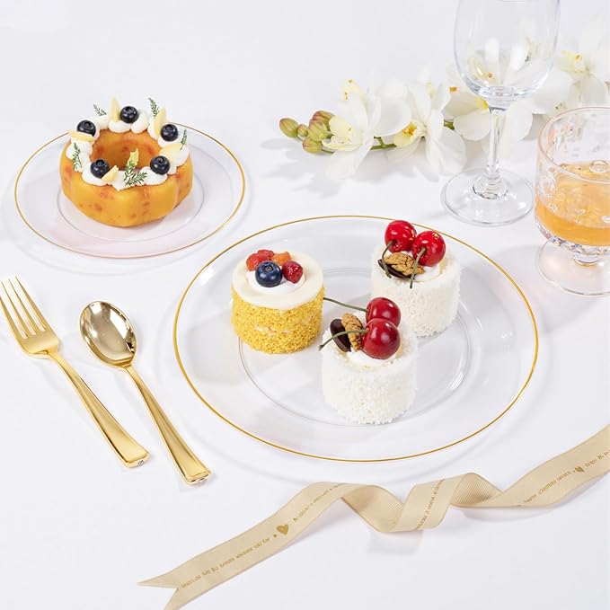 bUCLA 100PCS Clear and Gold Plastic Plates - Clear Disposable With Gold Rim Include 50 Each (10 inch Dinner & 7 inch Dessert) Plates, Ideal for Party & Thanksgiving