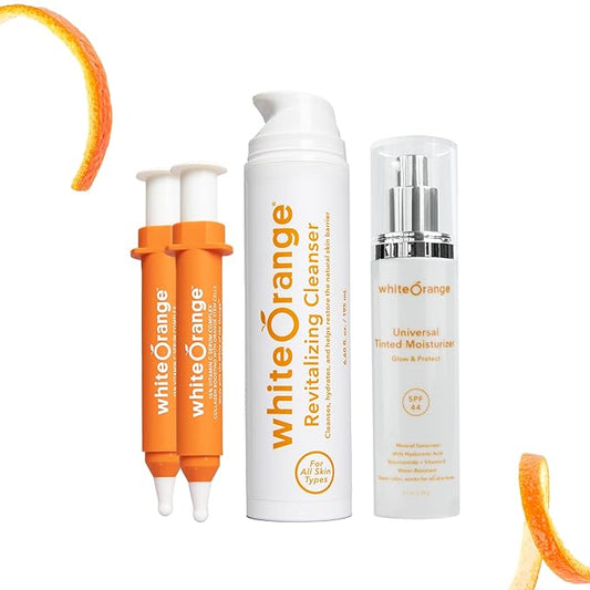 White Orange Full System 3 Step Skincare Routine Premium Anti-Aging Regimen Bundle For Healthy Glowing Skin - Revitalizing Cleanser, Advanced Vitamin C Serum & Universal Tinted Moisturizer with SPF 44-BrightBean Baby