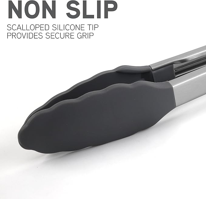 COOK WITH COLOR Stainless Steel Silicone Tipped Kitchen & BBQ Tongs Set, 3 Pc. Tongs, Black