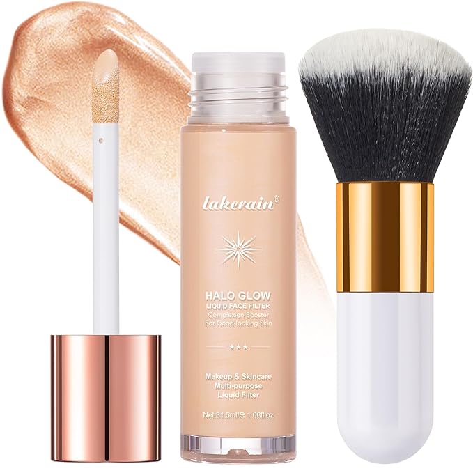Natural Glow Liquid Filter Makeup, Longwear Face Luminizer, Complexion Booster For Any Part of the Body, Liquid Highlighter with Brush Kit, Infused Hyaluronic Acid, 1.06 fl oz (#01 FAIR)-BrightBean Baby