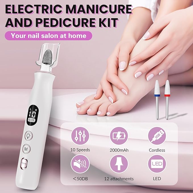 Electric Nail Drill, Cordless 2000 mAh Rechargeable Portable Nail File 12 in 1 Kit for Thick Toenails, 10 Speeds Nail Dril Machine Professional Manicure Pedicure for Hand Natural Nails Care (White)-BrightBean Baby