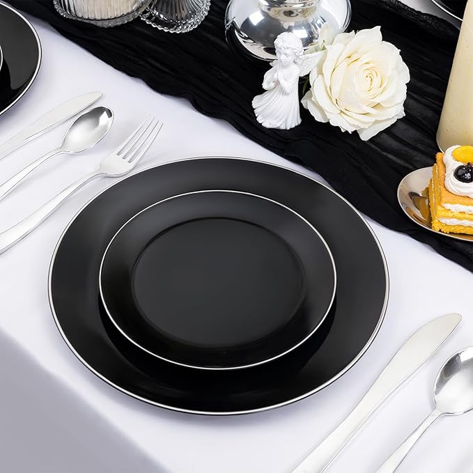 bUCLA 100PCS Black Plastic Plates - Heavy Duty Black Disposable with Silver Rim Include 50 Each (10 inch Dinner & 7 inch Dessert) Plates, Ideal for Party & New Year