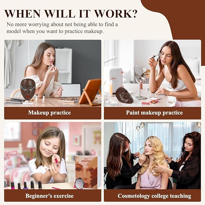 5D Makeup Practice Face Board, Makeup Practice Accessories Set with Face Painting Mannequin Head, Makeup Brushes, Face Painting and 2-in-1 Dual-Ended Eyebrow Pen, Makeup Practice Gift, Dark Brown-BrightBean Baby