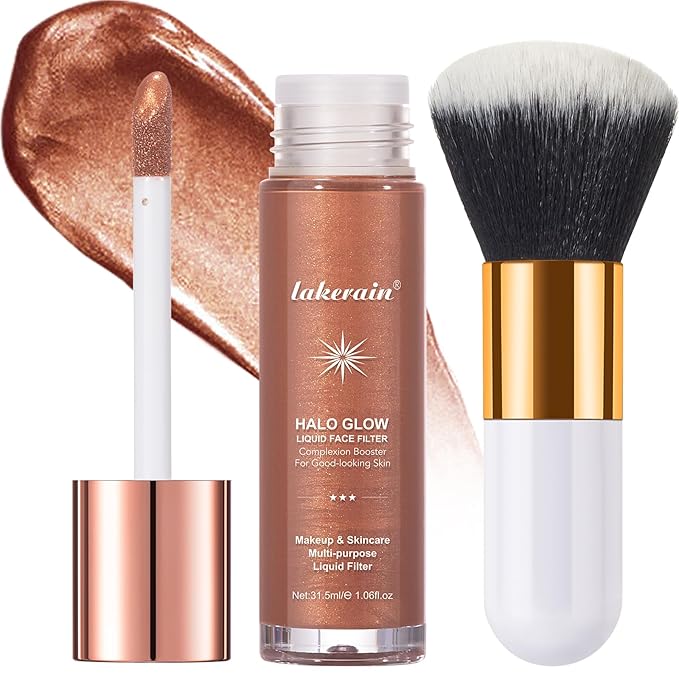 Natural Glow Liquid Filter Makeup, Longwear Face Luminizer, Complexion Booster For Any Part of the Body, Liquid Highlighter with Brush Kit, Infused Hyaluronic Acid, 1.06 fl oz (#06 TAN/DEEP)-BrightBean Baby