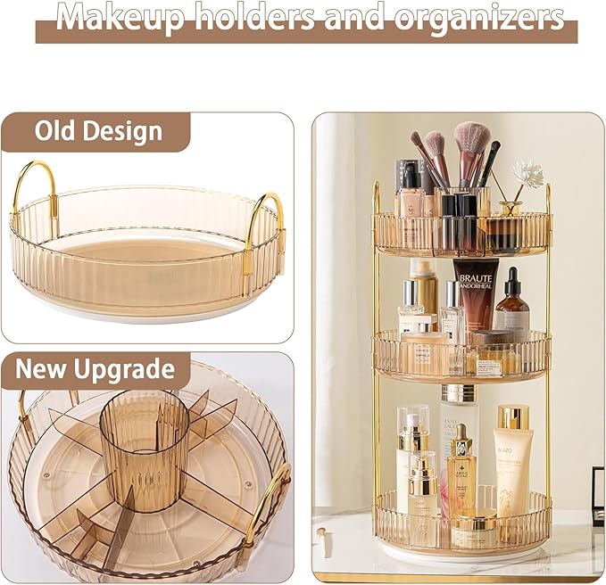 Rotating Makeup Organizer for Vanity, High-Capacity Skincare Clear Make Up Storage Perfume Organizers Cosmetic Dresser Organizer Countertop 360 Spinning (Gold, New-3 Tier)-BrightBean Baby