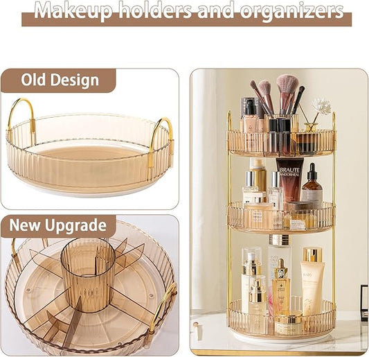 Rotating Makeup Organizer for Vanity, High-Capacity Skincare Clear Make Up Storage Perfume Organizers Cosmetic Dresser Organizer Countertop 360 Spinning (Gold, New-3 Tier)-BrightBean Baby