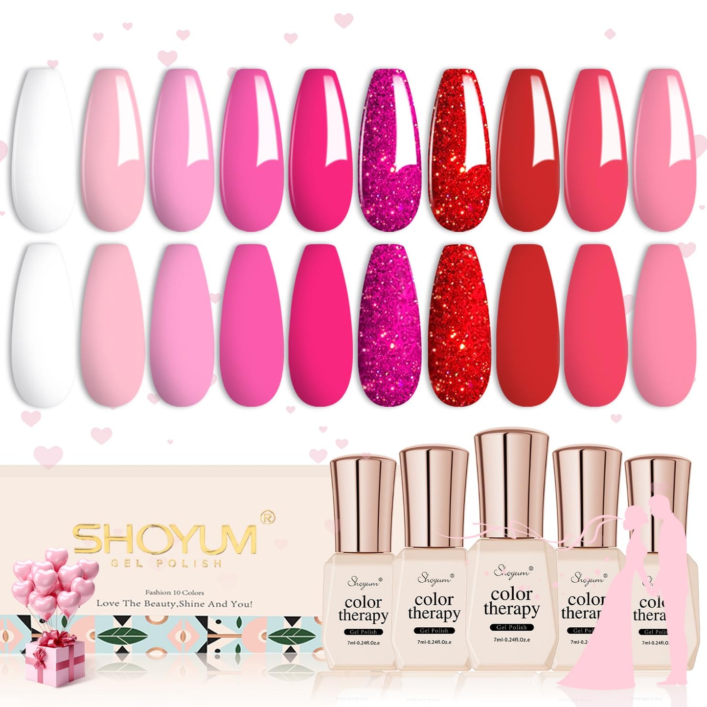 Pink Gel Nail Polish Set, Light/Hot Pink Cherry Blossom Strawberry All Seasons Soak Off Long Lasting Romantic 10 Colors Starter Kit DIY Home Gift for Girlfriend Woman Beginners-BrightBean Baby