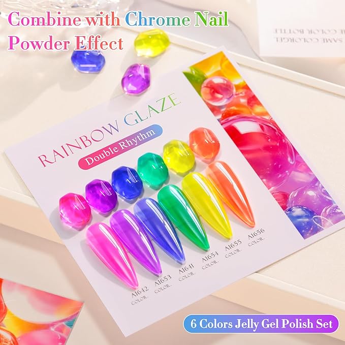 Double Rhythm 6 Pcs 15 ML Gel Polish Set Same Color Same Bottle Soak Off Jelly Neon Gel Polish Kit Nail Art Manicure Salon DIY at Home (Pink Purple Blue Green Yellow Green-T6-50)-BrightBean Baby