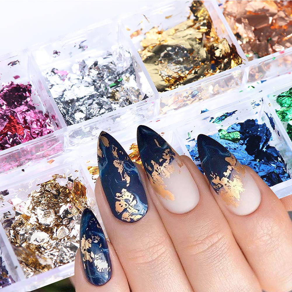 AUOCATTAIL 24 Grids Foil Nail Art Holographic Aluminum Nail Foil Flakes Stickers Nail Sequins 3D Glitter Decoration DIY Design Accessories Rainbow Nail Art Supplies Gold Nail Decals-BrightBean Baby