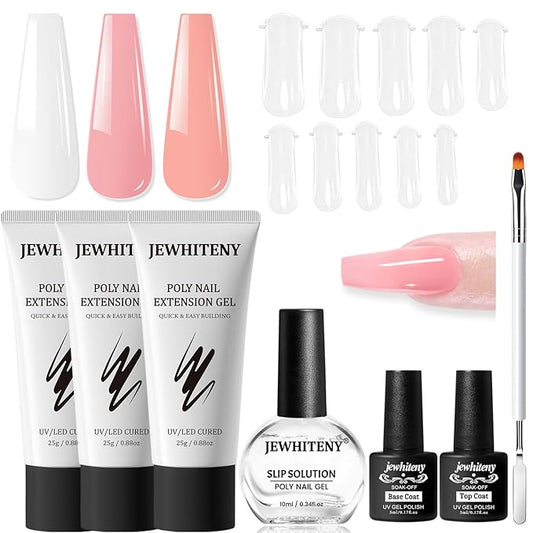 JEWHITENY Poly Nail Gel Set Clear Pink White Neutral Classic Color Poly Extension Gel With Base and Top Coat Slip Solution French Manicure for Home DIY Need U V Lamp Curing-BrightBean Baby