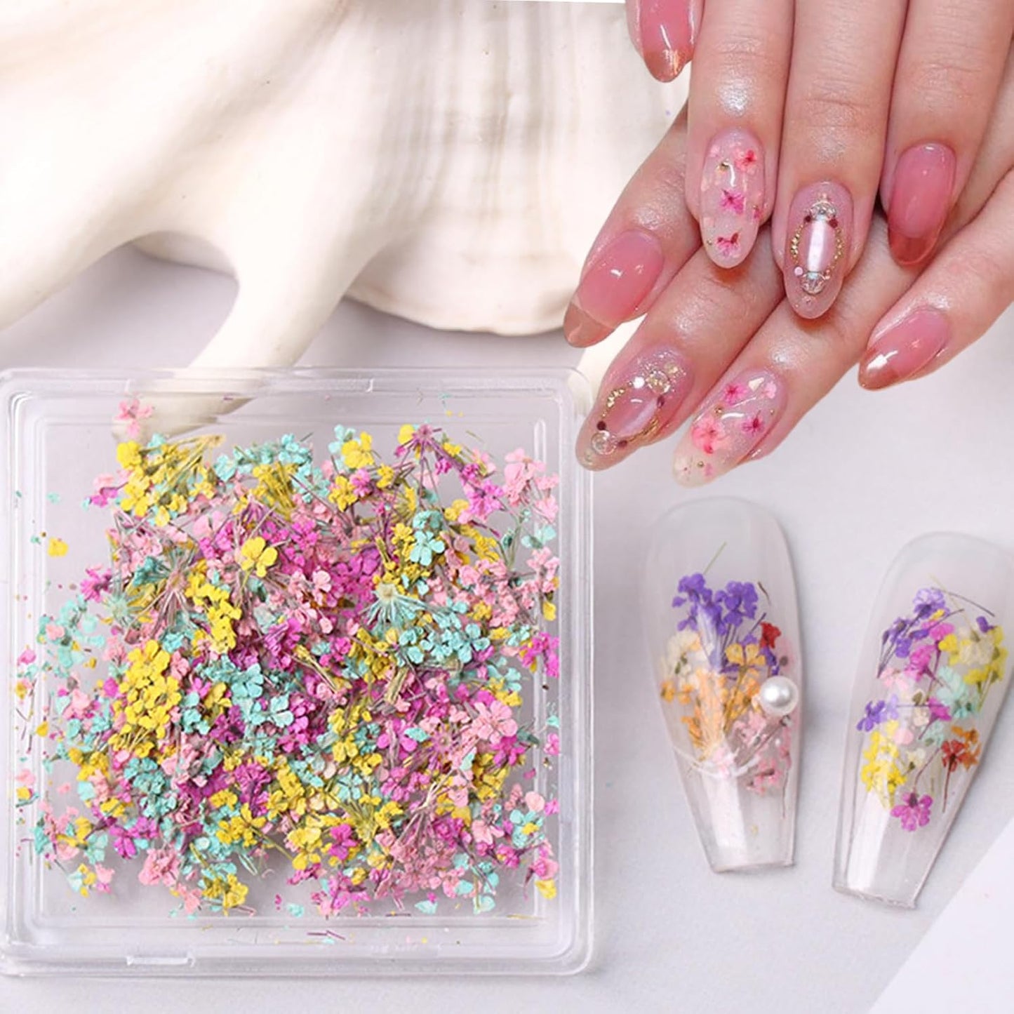 1 Box of Dried Flower Nail Stickers, Colored Dried Flower Nail Stickers, mini Real Flowers, Natural Flowers, 3D Baby's Breath Floral Art, Ladies and Girls DIY Nail Art Decoration-BrightBean Baby