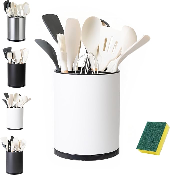 Utensil Holder,Large 360°Rotating Kitchen Utensil Holder For Counter,Cooking Silverware Organizer Stainless Steel Caddy Flatware Spoon Spatula Tool Cutlery Container