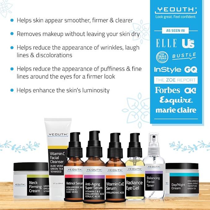 YEOUTH Skin Care Set: Retinol Serum with Hyaluronic Acid, Vitamin C & Super Face Serum, Cleanser, Toner, Eye Gel, Neck Cream, Face Cream 8-Piece Skincare Kit For Women-BrightBean Baby