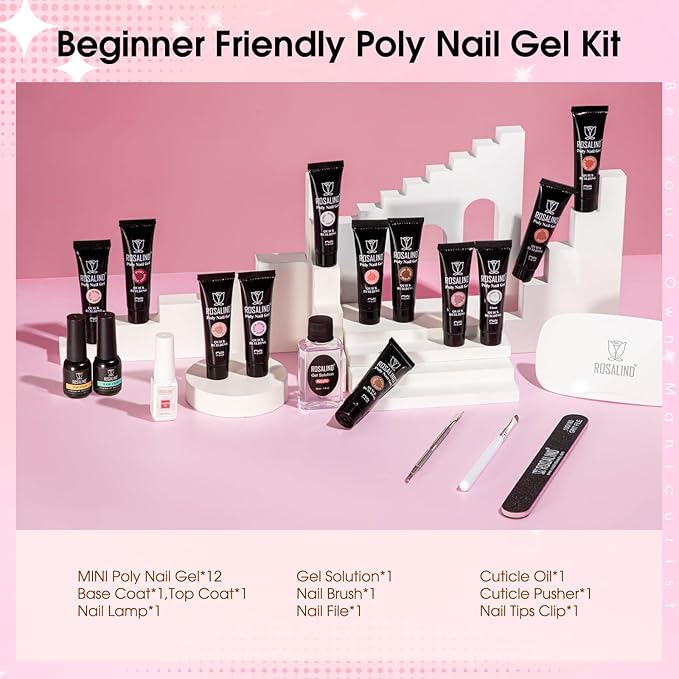 ROSALIND Poly Nail Gel Kit -12 Colors + Nail Art Accessories kit Clear Nude Poly Nails Gel Kit Starter Kit With Slip Solution Pro Nude Pink Nail Extensions Gel Set with Mini UV Lamp-BrightBean Baby