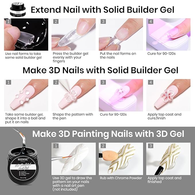 MIZHSE 30g/1oz Solid Builder Gel for Nails and 15g 3D Painting Gel, Clear Hard Gels for Nails Sculpting Nails Art Soak Off U V LED Builder Salon Home DIY Manicure-BrightBean Baby