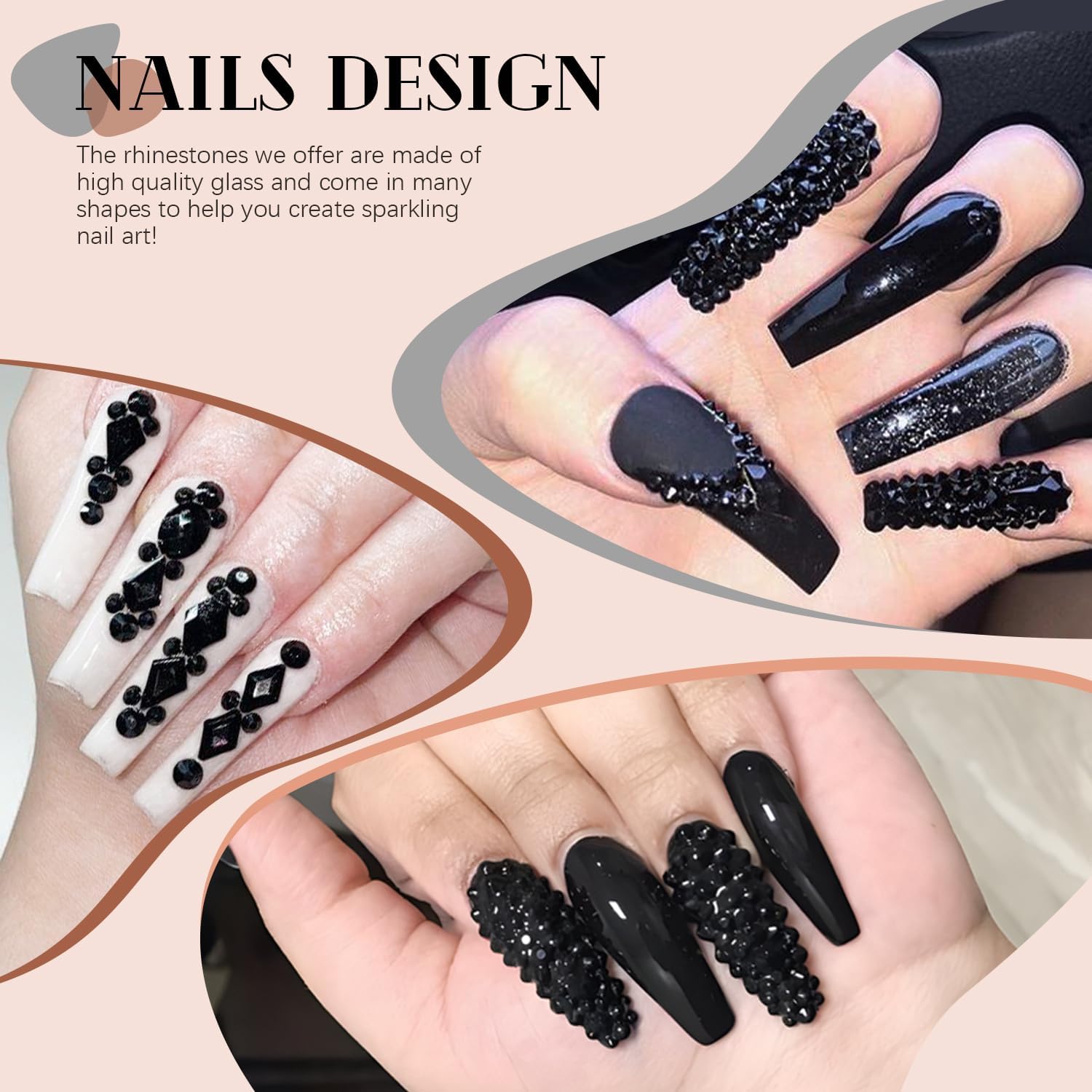 2630Pcs Black Glass Nail Rhinestones: 120Pcs Multi Shapes + 2510Pcs 1.5-4mm Round, Nail Art, Manicure, Craft Beads-BrightBean Baby