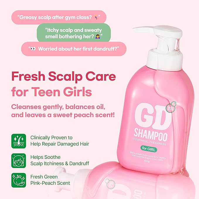 TS GD Shampoo for Girls | Korean Teen Shampoo with Upgraded Probiotics | Anti-Dandruff & Itchy Scalp Relief | Pink Peach Allergy-Free Fragrance | Sulfate-Free (13.53 fl oz, 400ml)-BrightBean Baby
