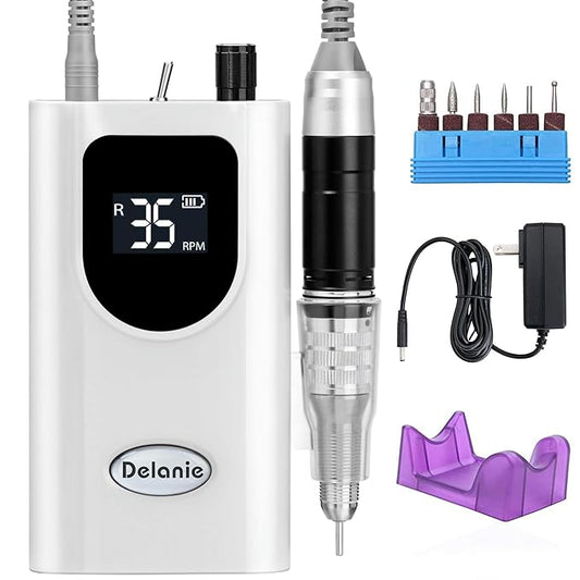 Delanie Professional Nail Drill High Torque 35000 RPM Rechargeable Portable Electric Nail File Filer for Acrylic Gel with Cuticle Bits, Salon Manicure Tool, White-BrightBean Baby